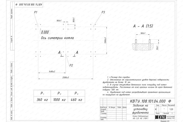 Чертеж фундамента котла КВр 1.2 с ОУР