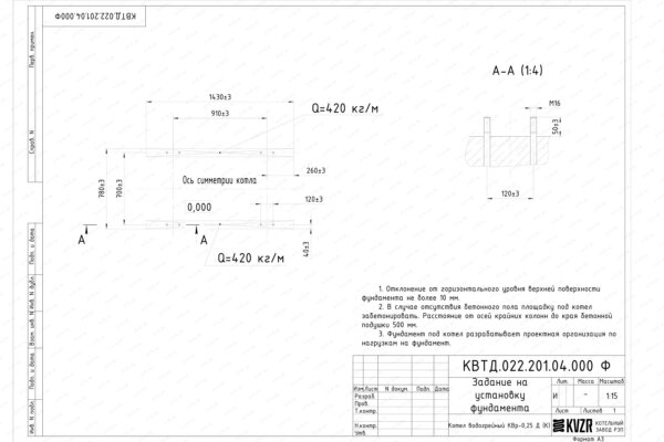 Чертеж фундамента котла на дровах 0.25 МВт с колосниками